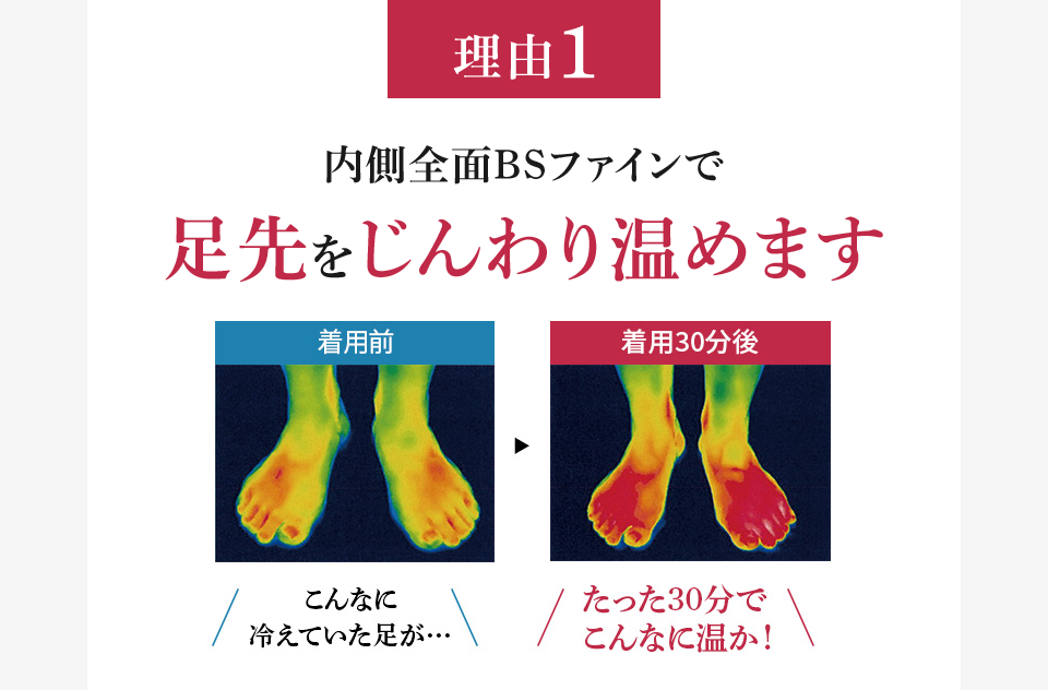 理由1 内側全面BSファインで足先をじんわり温めます