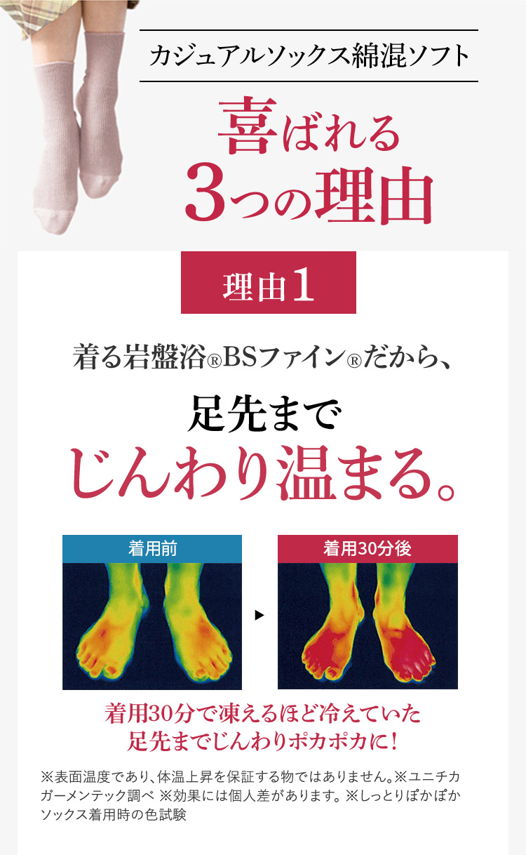 カジュアルソックス綿混ソフト喜ばれる3つの理由 着る岩盤浴®︎BSファイン®︎だから、足先までじんわり温まる。