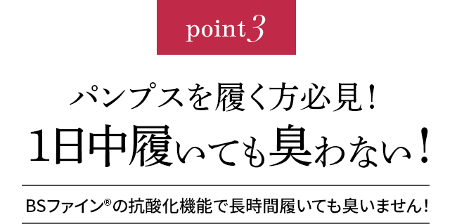 point3 パンプスを履く方必見!1日中履いても臭わない!BSファイン®︎の抗酸化機能で長時間履いても臭いません!