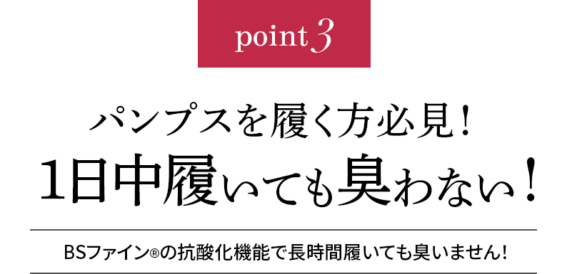 point3 パンプスを履く方必見!1日中履いても臭わない!BSファイン®︎の抗酸化機能で長時間履いても臭いません!