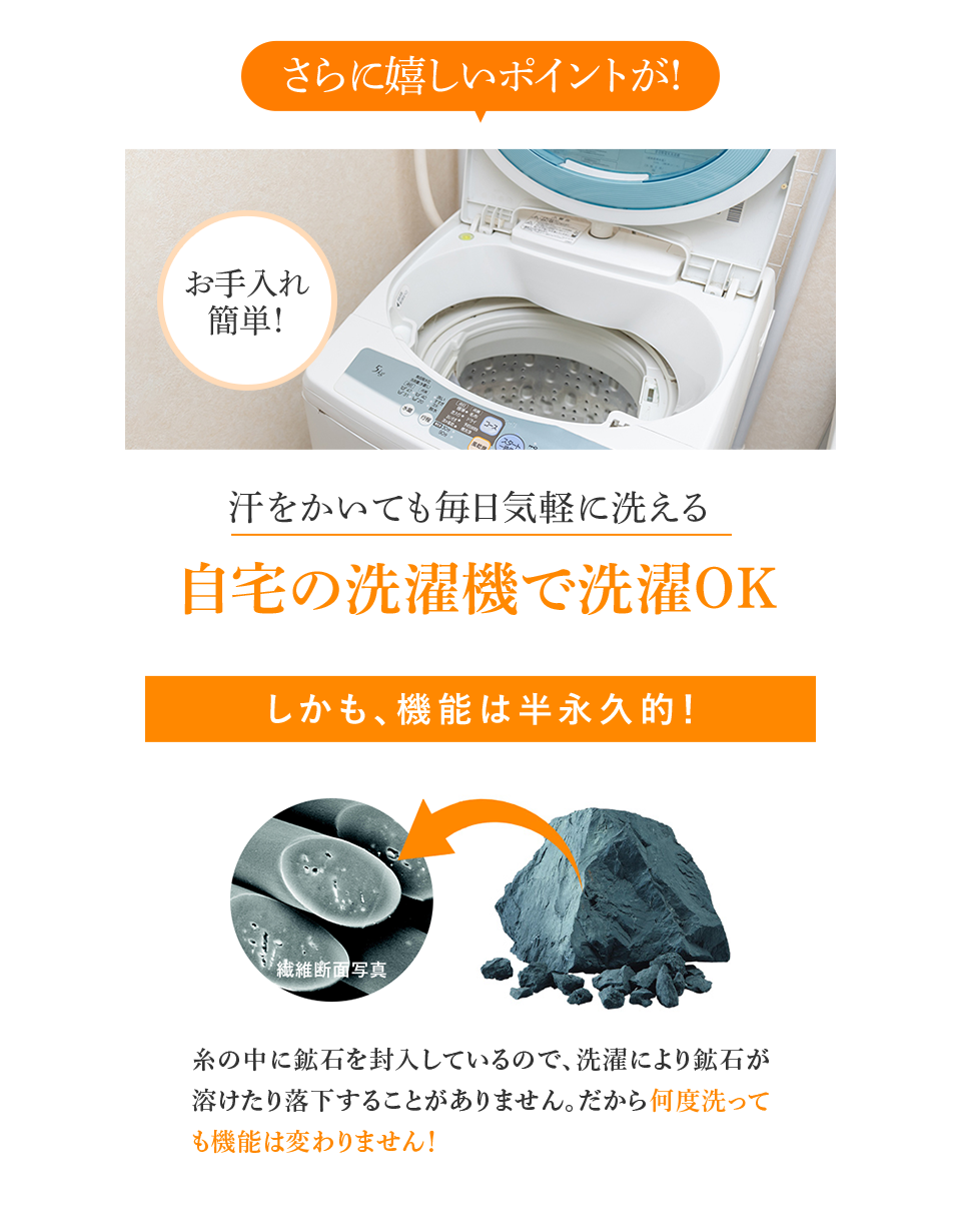 さらに嬉しいポイントが! 汗をかいても毎日気軽に洗える 自宅の洗濯機で洗濯OK