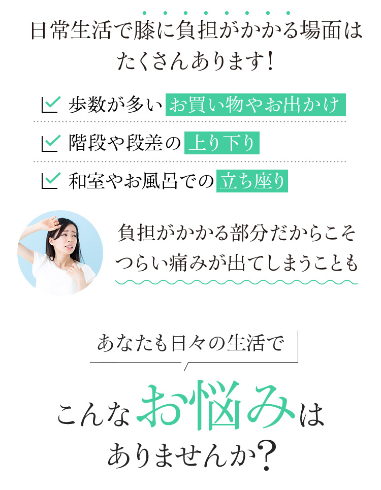 日常生活で膝に負担がかかる場面はたくさんあります!歩数が多いお買い物やお出かけ。階段や段差の上り下り。和室やお風呂での立ち座り。負担がかかる部分だからこそつらい痛みが出てしまうことも。あなたも日々の生活でこんなお悩みはありませんか?