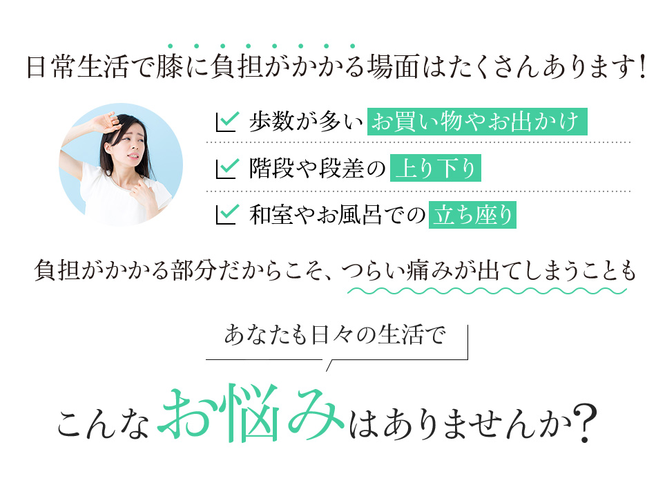 日常生活で膝に負担がかかる場面はたくさんあります!歩数が多いお買い物やお出かけ。階段や段差の上り下り。和室やお風呂での立ち座り。負担がかかる部分だからこそつらい痛みが出てしまうことも。あなたも日々の生活でこんなお悩みはありませんか?