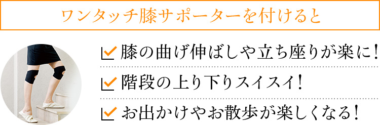 ワンタッチ膝サポーターを付けると、膝の曲げ伸ばしや立ち座りが楽に!階段の上り下りスイスイ!お出かけやお散歩が楽しくなる!