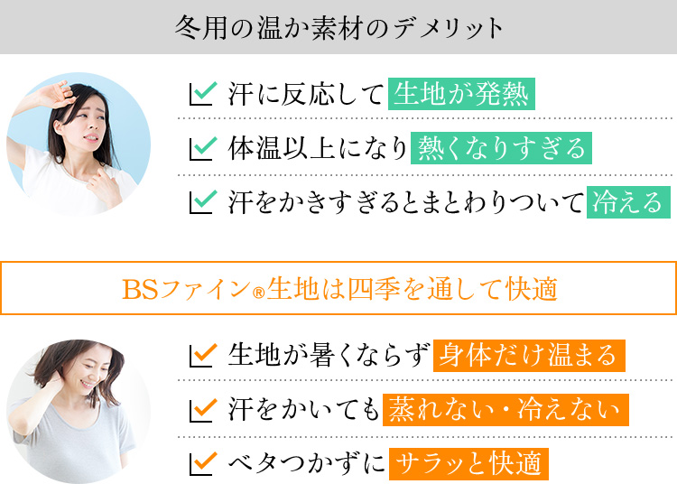 冬用の温か素材との違い 冬用の温か素材のデメリット 汗に反応して生地が発熱 体温以上になり熱くなりすぎる 汗をかきすぎるとまとわりついて冷える BSファイン®生地は四季を通して快適 生地が暑くならず身体だけ温まる 汗をかいても蒸れない・冷えない ベタつかずにサラッと快適