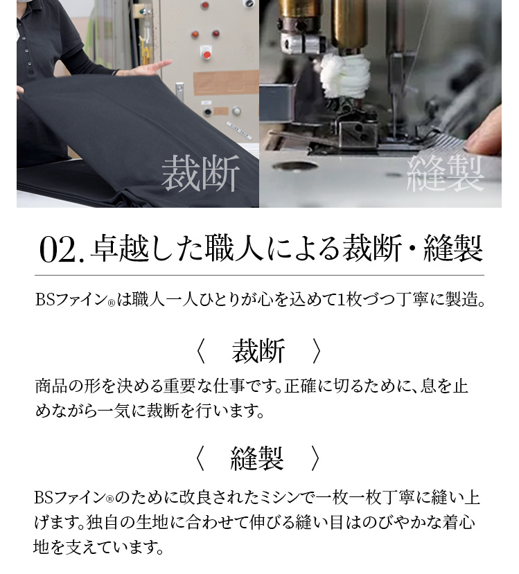 02.卓越した職人による裁断・縫製 BSファイン®は職人一人ひとりが心を込めて1枚ずつ丁寧に製造。〈裁断〉商品の形を決める重要な仕事です。正確に切るために、息を止めながら一気に裁断を行います。〈縫製〉BSファイン®のために改良されたミシンで一枚一枚丁寧に縫い上げます。独自の生地に合わせて伸びる縫い目はのびやかな着心地を支えています。