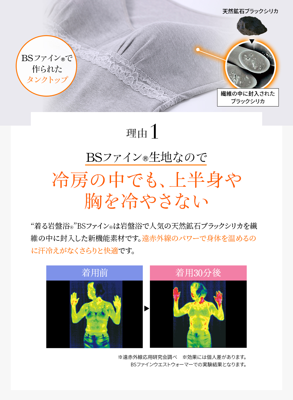 理由1 BSファイン®︎生地なので冷房の中でも、上半身や胸を冷やさない