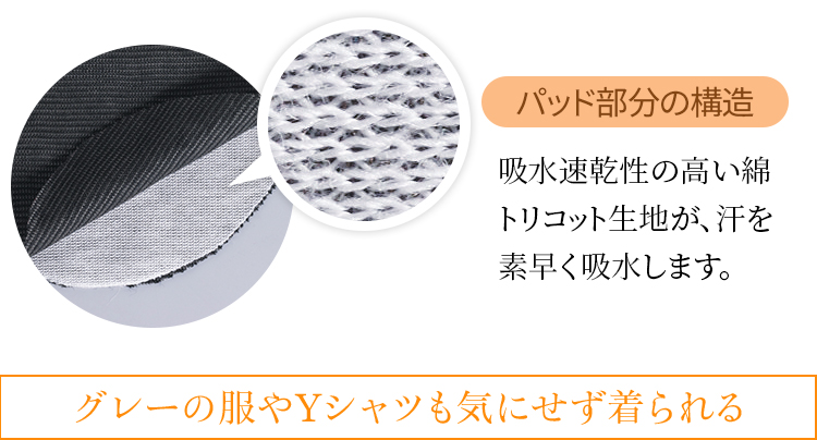 パッド部分の構造 吸水速乾性の高い綿トリコット生地が、汗を素早く吸水します。グレーの服やYシャツも気にせず着られる。