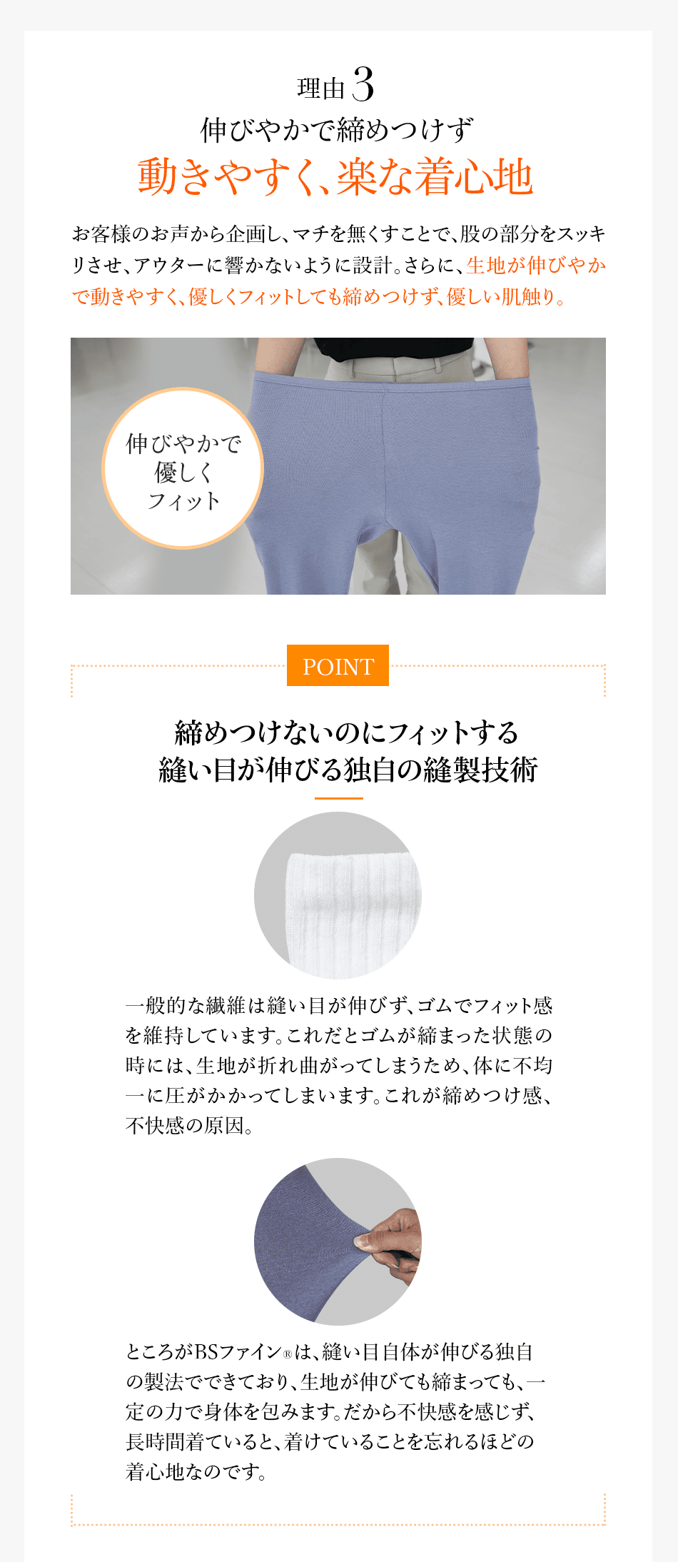 理由3 伸びやかで締めつけず 動きやすく、楽な着心地 お客様のお声から企画し、マチを無くすことで、股の部分をスッキリさせ、アウターに響かないように設計。さらに、生地が伸びやかで動きやすく、優しくフィットしても締めつけず、優しい肌触り。 伸びやかで 優しく フィット POINT 締めつけないのにフィットする 縫い目が伸びる独自の縫製技術 一般的な繊維は縫い目が伸びず、ゴムでフィット感を維持しています。これだとゴムが締まった状態の時には、生地が折れ曲がってしまうため、体に不均一に圧がかかってしまいます。これが締めつけ感、不快感の原因。 ところがBSファイン®は、縫い目自体が伸びる独自の製法でできており、生地が伸びても締まっても、一定の力で身体を包みます。だから不快感を感じず、長時間着ていると、着けていることを忘れるほどの着心地なのです。