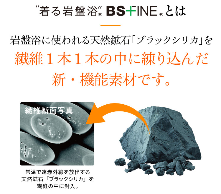 着る岩盤浴®︎BSファイン®とは　岩盤浴に使われる天然鉱石 「ブラックシリカ」を繊維1本1本の中に練り込んだ 新・機能素材です。